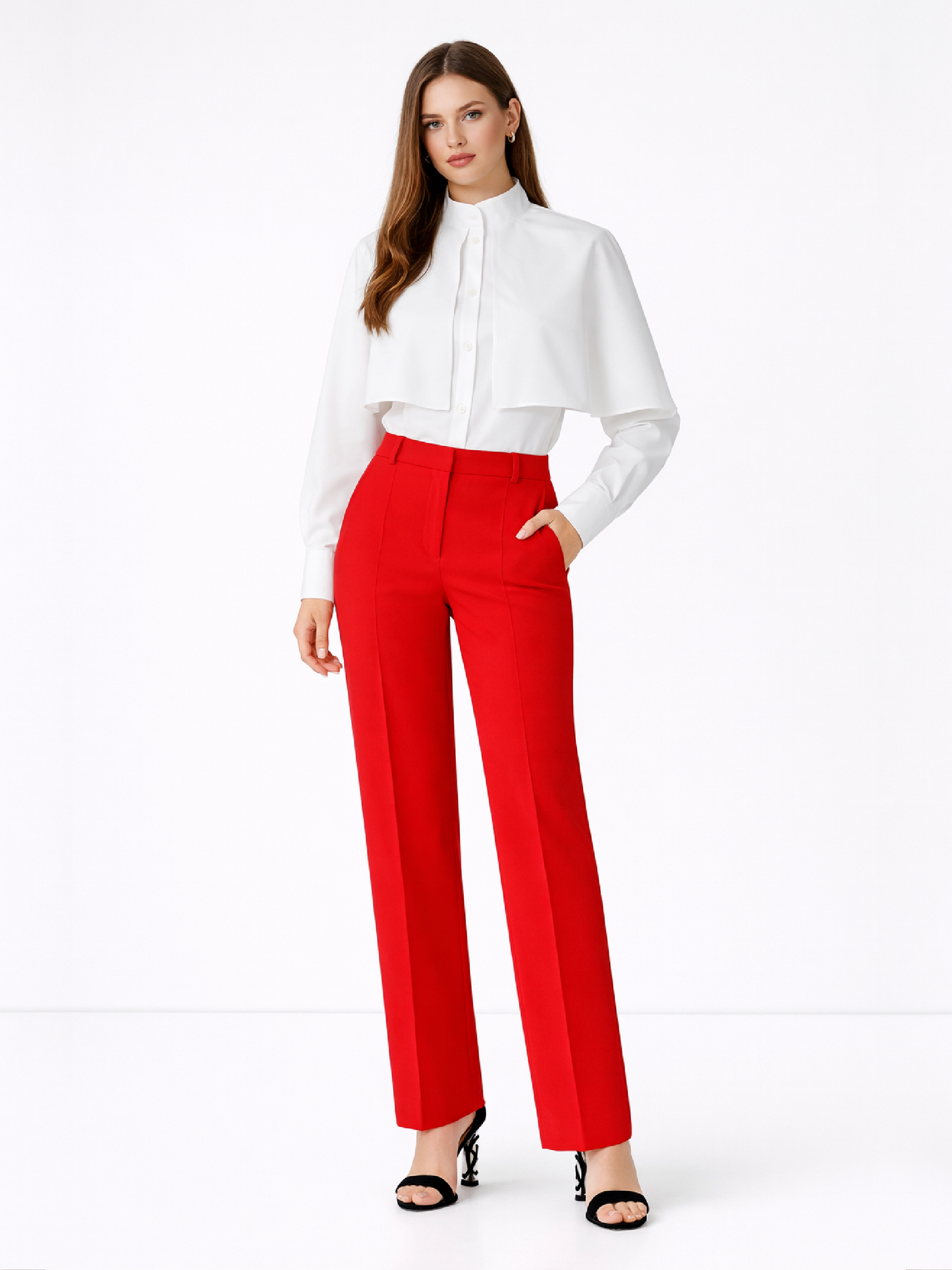 Cămașă din poplin albă cu mânecă lungă și capă tip volan Harera H25C005