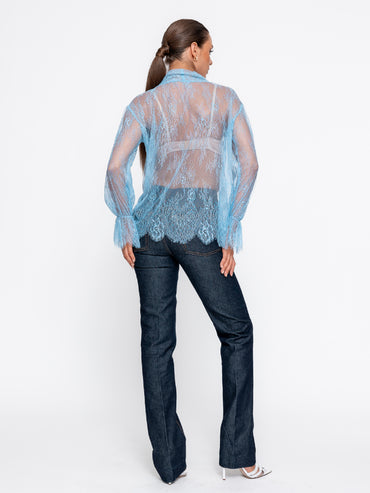 Bluză din dantelă Harera cu fundă, albastră H25B001