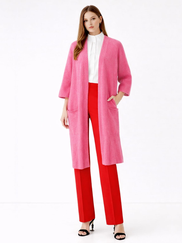 Cardigan lung roz pufos din lână și alpaca cu buzunare Z13125 Harera
