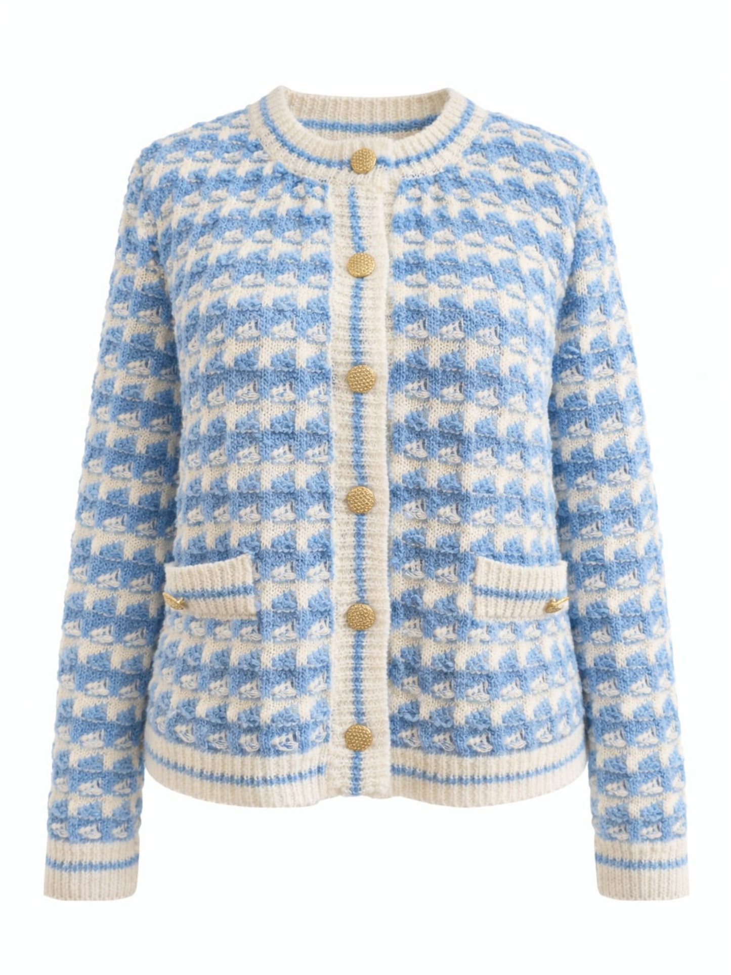 Cardigan jachetă tricot boucle alb cu albastru și nasturi aurii Harera Z13135