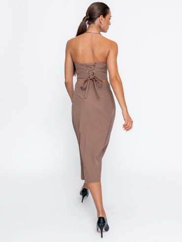 Set 2 piese Harera: Fusta Aline si Corset scurt, maro capuccino H25ST001