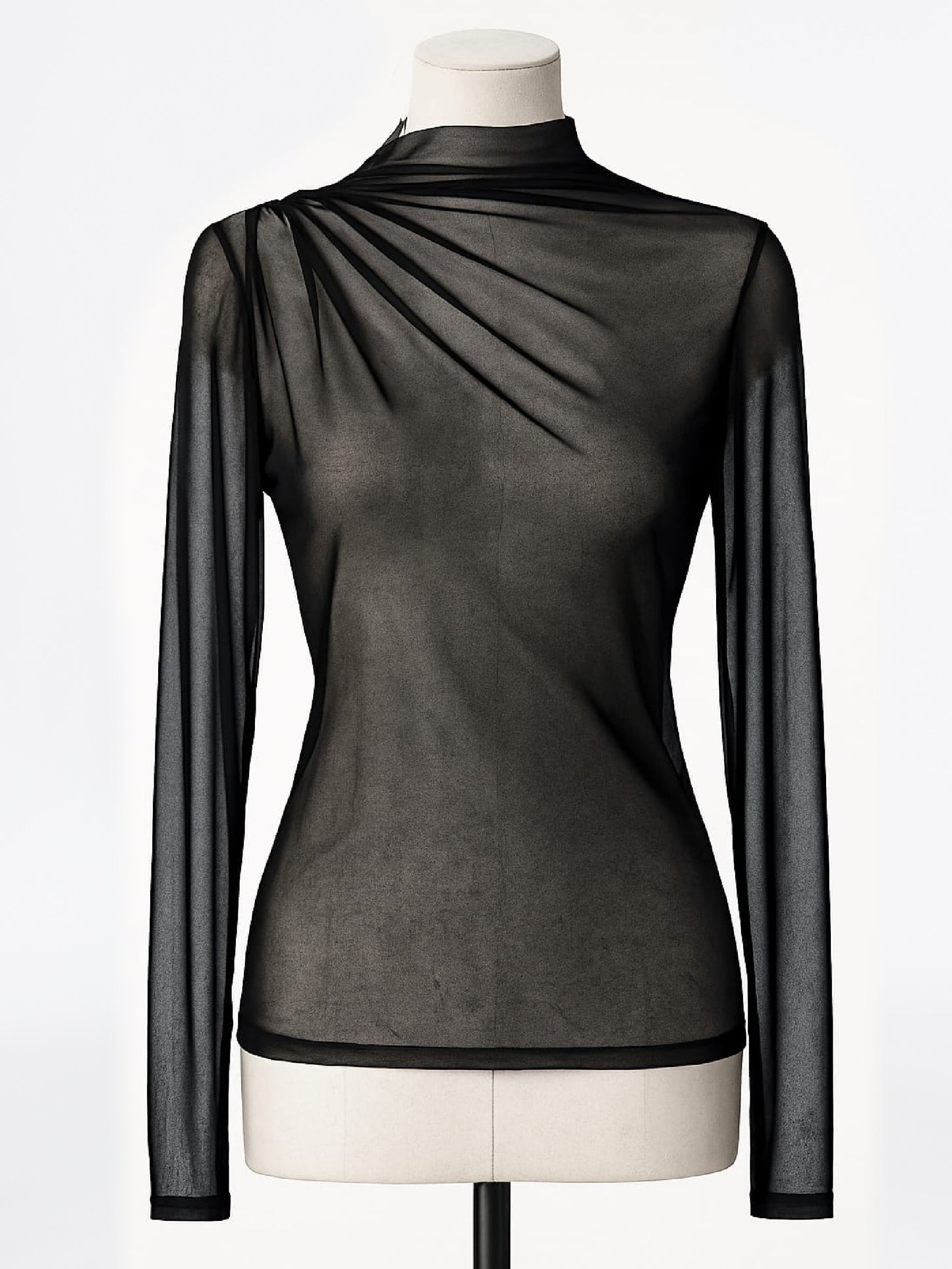 Top tull Harera transparent cu pliuri, negru H25T001