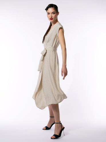 Rochie Petrecută în Dungi cu Tiv Asimetric Striped Wrap Dress Larisa Dragna