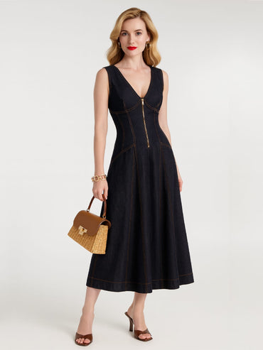 Rochie denim Harera, cu cusaturi in contrast, bleomarin H25R003