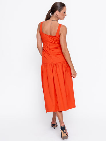 Rochie cambrata Harera, cu talie joasa, decolteu patrat, rosu corai H25002