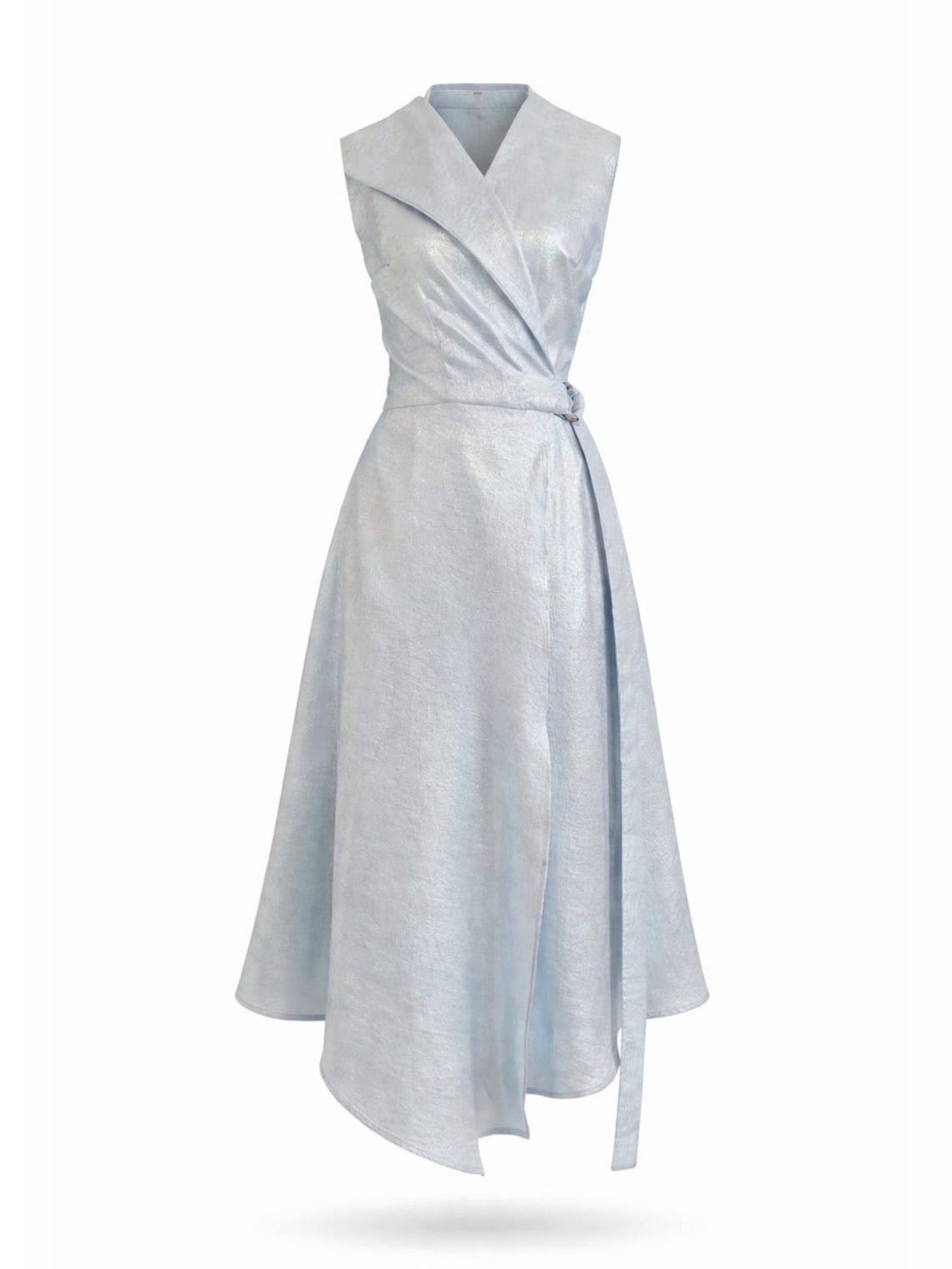 Rochie midi asimetrică elegantă peliculizată baby blue cu decolteu în V, fără mâneci, Harera H26R008