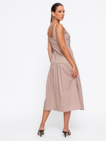 Rochie cambrata Harera, cu talie joasa, decolteu patrat, bej H25002