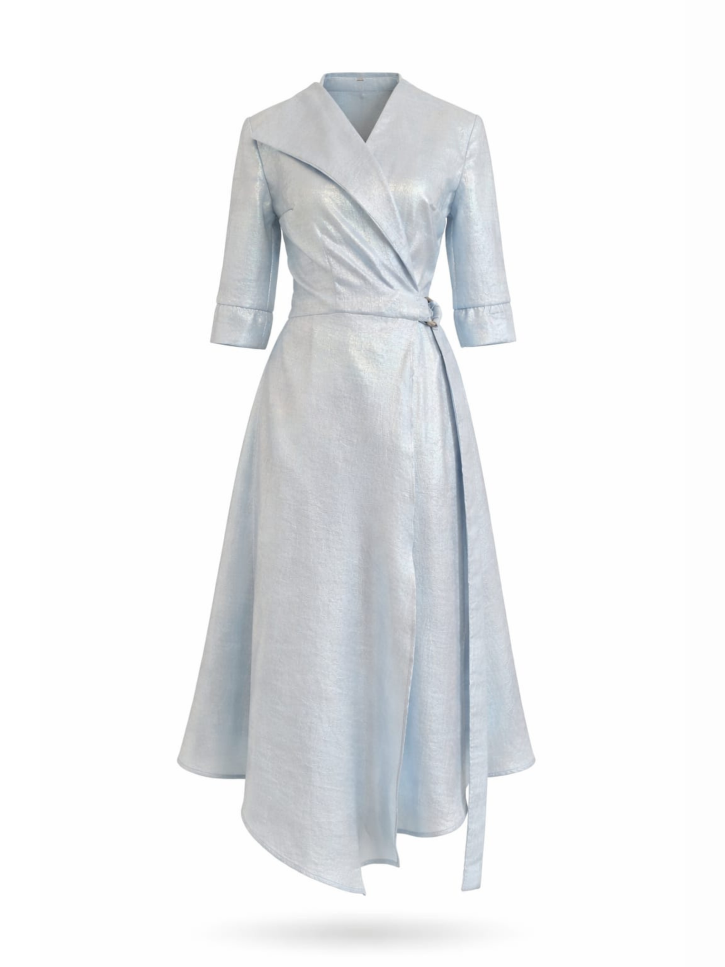 Rochie asimetrică vaporoasă petrecută albastru deschis sidef cu guler asimetric și cordon reglabil Harera H26R005