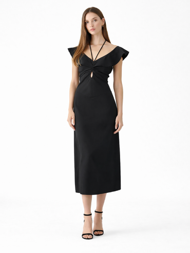 Rochie harera A line, midi cu decupaje și volane, neagră H26R003