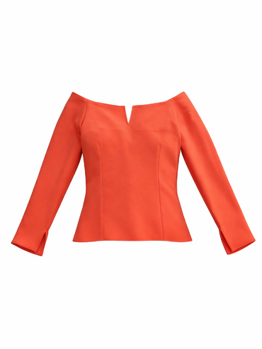 Top Harera cu umeri goi cu decupaj in V, roșu corai H25B002