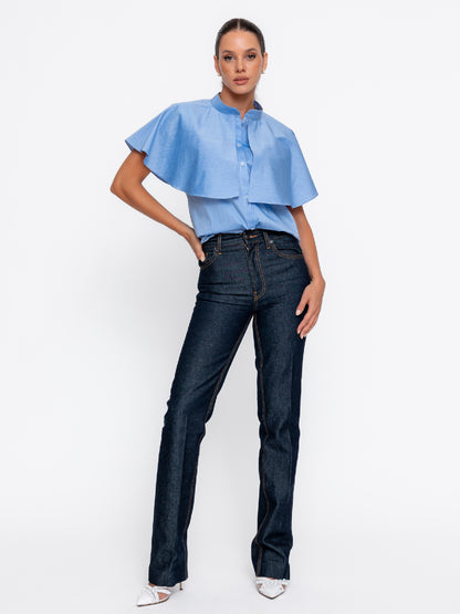 Cămașa din poplin Harera cu guler rusesc și capă, albastra H25C002