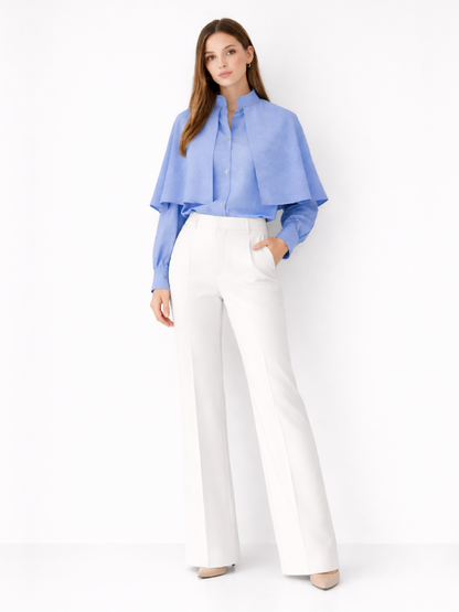 Cămașă Harera din poplin albastră cu mânecă lungă și capă tip volan H25C005