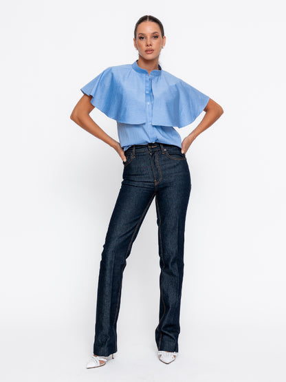 Cămașa din poplin Harera cu guler rusesc și capă, albastra H25C002