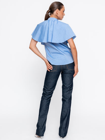 Cămașa din poplin Harera cu guler rusesc și capă, albastra H25C002