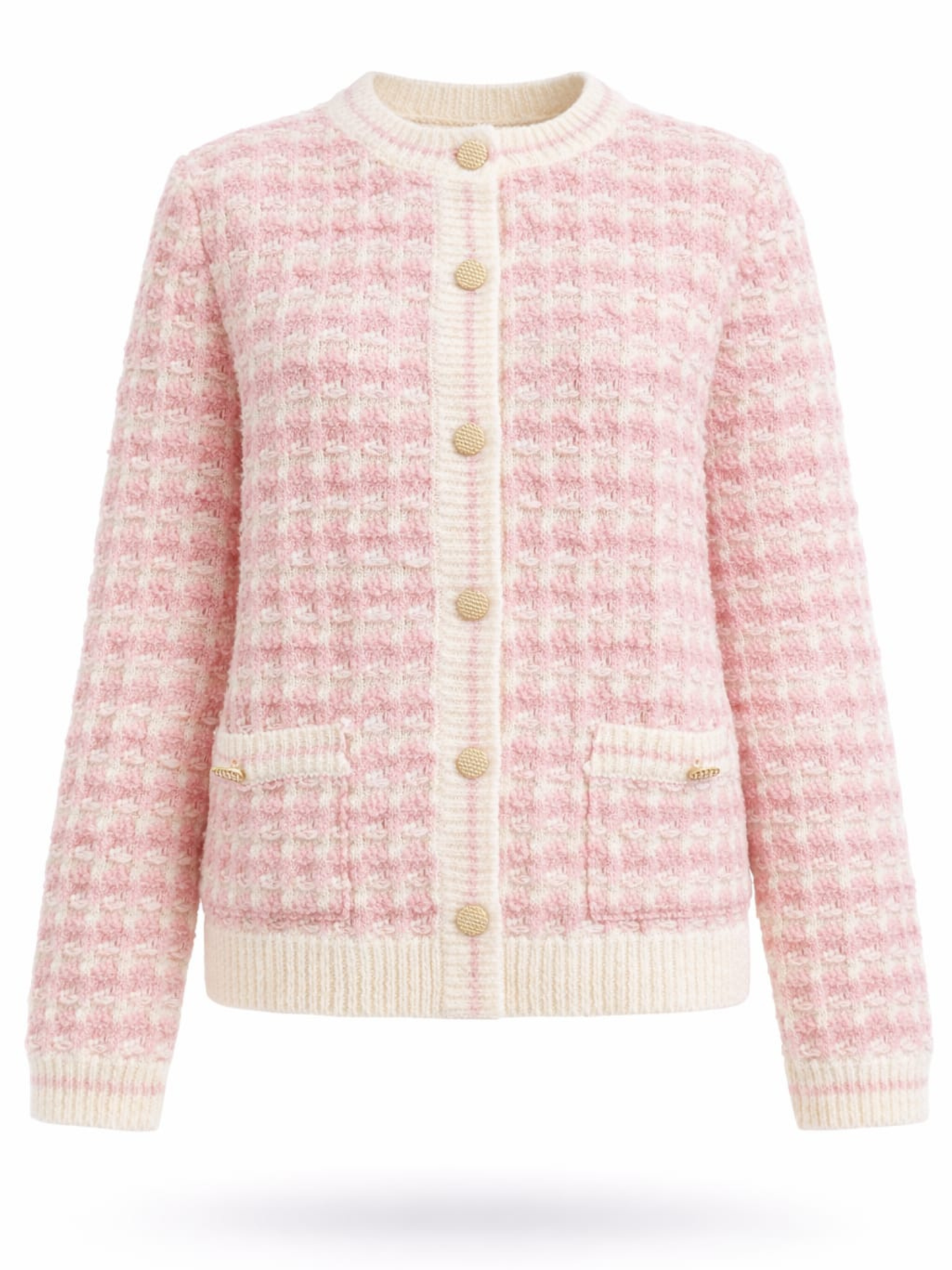 Cardigan jachetă tricot boucle alb cu roz și nasturi aurii Harera Z13135