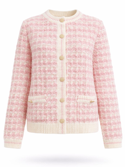 Cardigan jachetă tricot boucle alb cu roz și nasturi aurii Harera Z13135