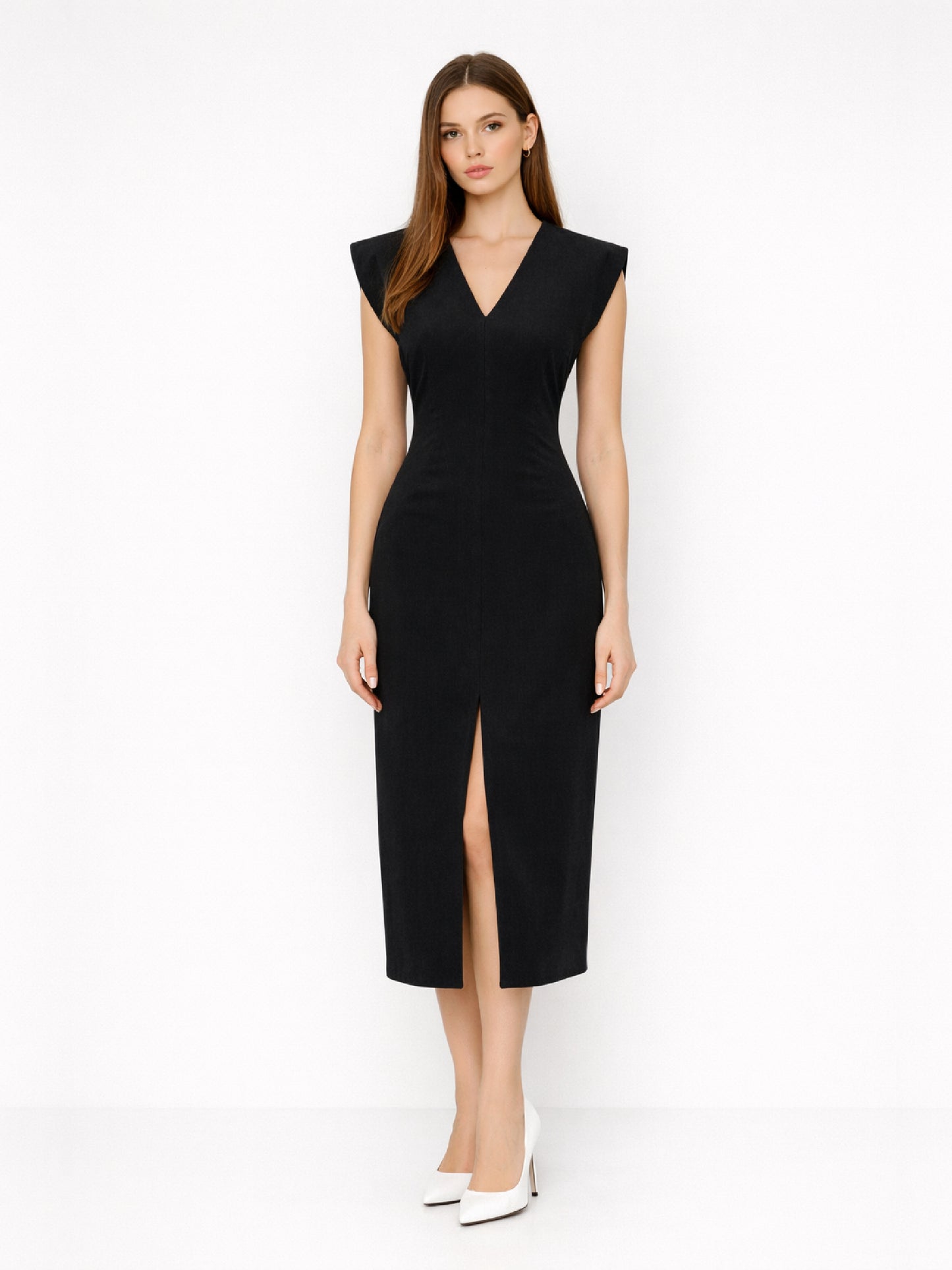 Rochie neagră midi cambrată cu decolteu în V și crăpătură în față și în spate Harera HR26R001