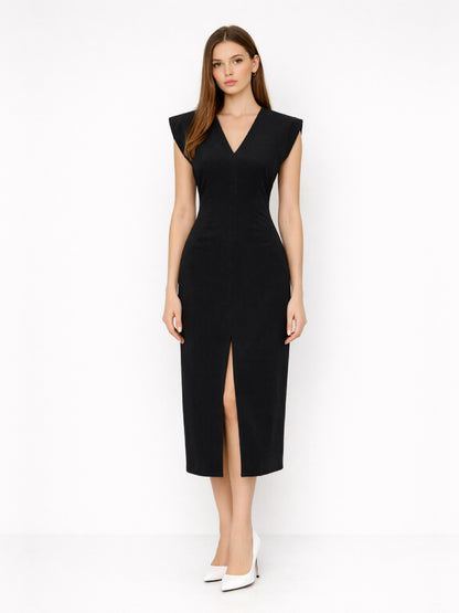 Rochie neagră midi cambrată cu decolteu în V și crăpătură în față și în spate Harera HR26R001