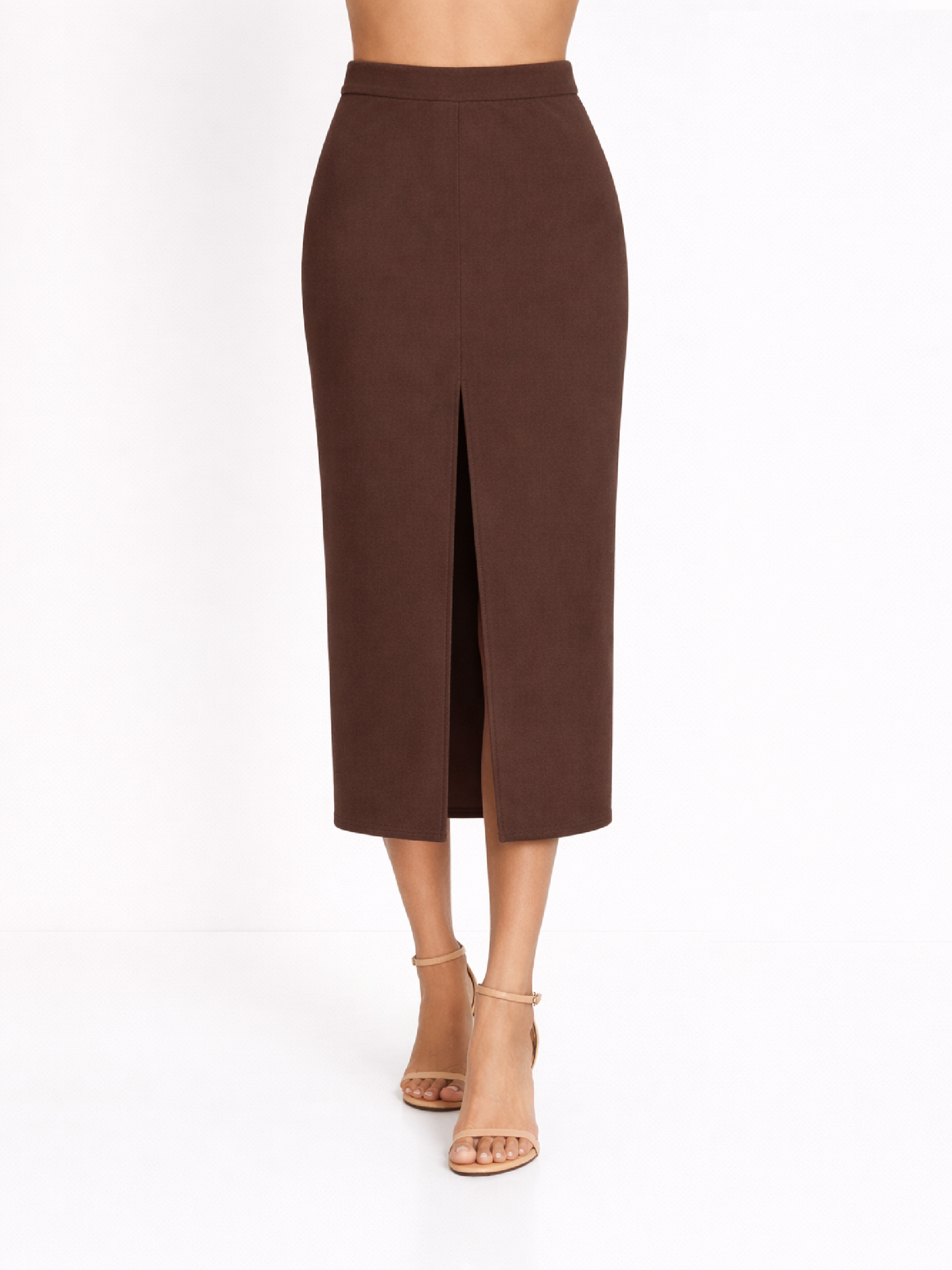 Fustă maro creion midi cu crăpătură frontală Harera H26F002