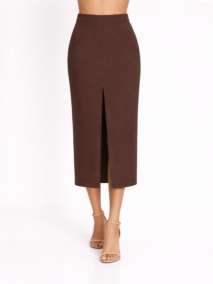 Fustă maro creion midi cu crăpătură frontală Harera H26F002