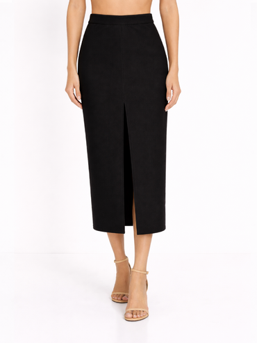 Fustă neagră creion midi cu crăpătură frontală Harera H26F002