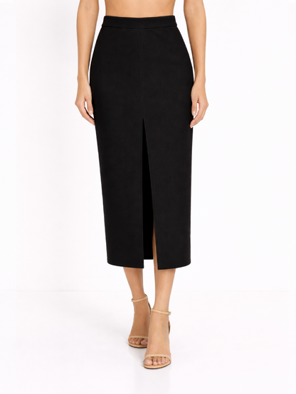 Fustă neagră creion midi cu crăpătură frontală Harera H26F002