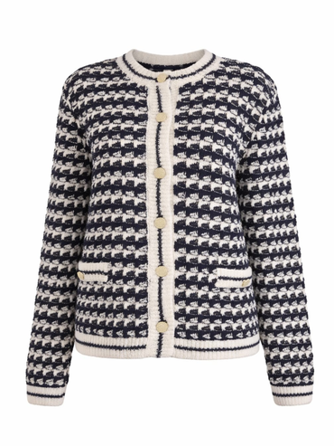 Cardigan jachetă tricot boucle alb cu bleumarin și nasturi aurii Harera Z13135