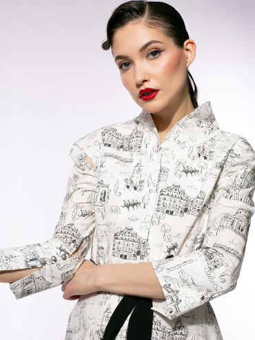 Rochie Larisa Dragna din bumbac cu guler kimono și print alb negru