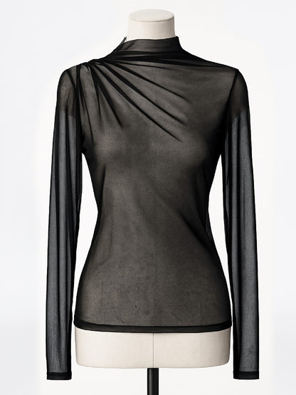 Top tull Harera transparent cu pliuri, negru H25T001