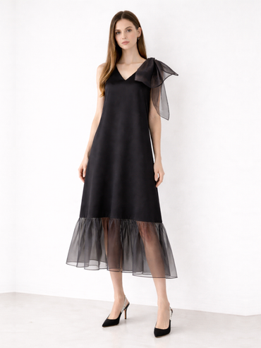 Rochie ușoară versatilă cu volan din organza și accesoriu detașabil, decolteu în V Harera H26R006