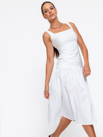 Rochie cambrata Harera, cu talie joasa, decolteu patrat, alba H25002