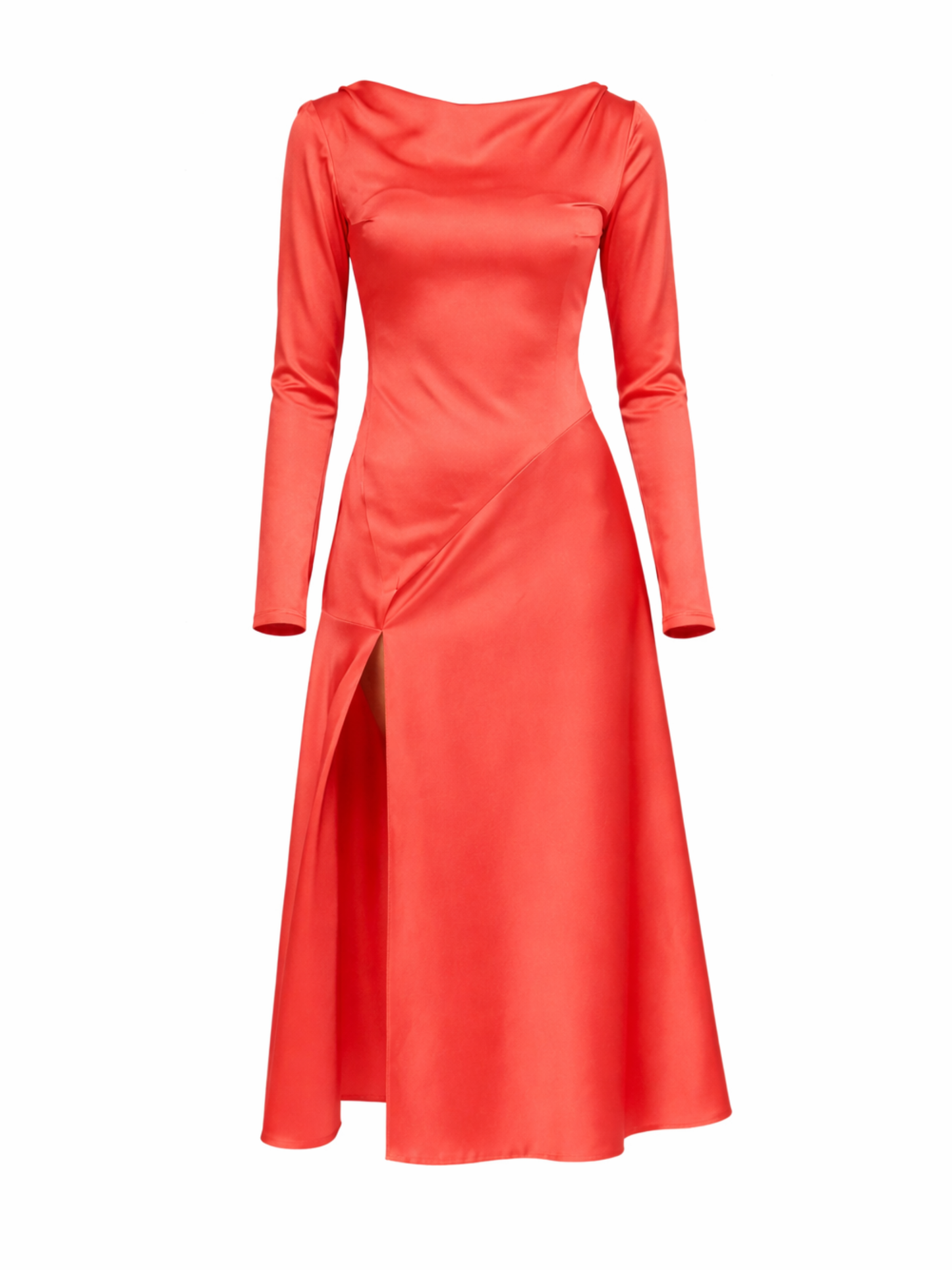 Rochie vaporoasă midi roșu corai cu crăpătură pe picior Harera H25R004