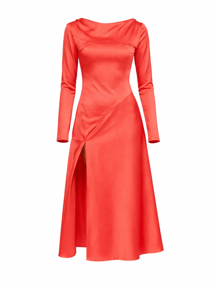 Rochie vaporoasă midi roșu corai cu crăpătură pe picior Harera H25R004