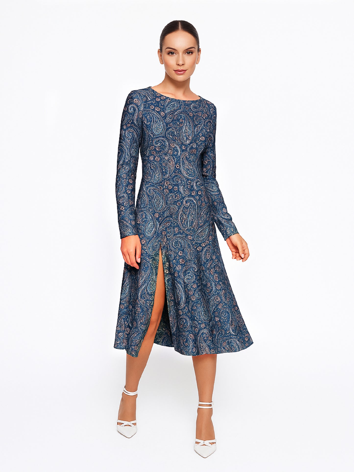 Rochie midi Harera elegantă cu crăpătură pe picior, imprimeu paisley H25R004