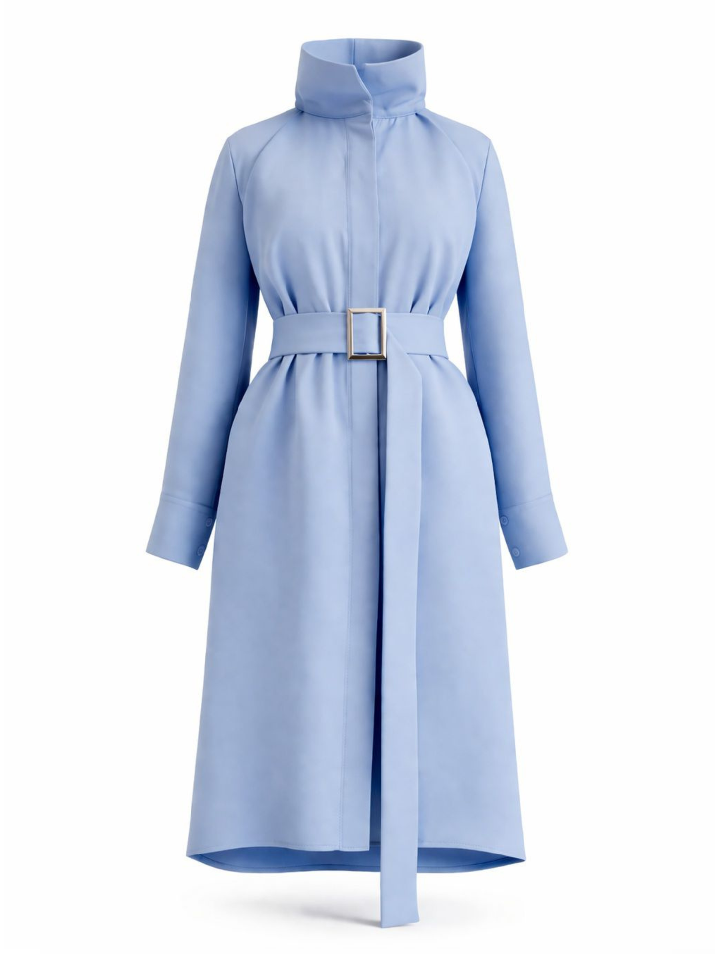 Rochie midi albastru baby blue cu guler horn, buzunare și cordon în talie Harera H26R004