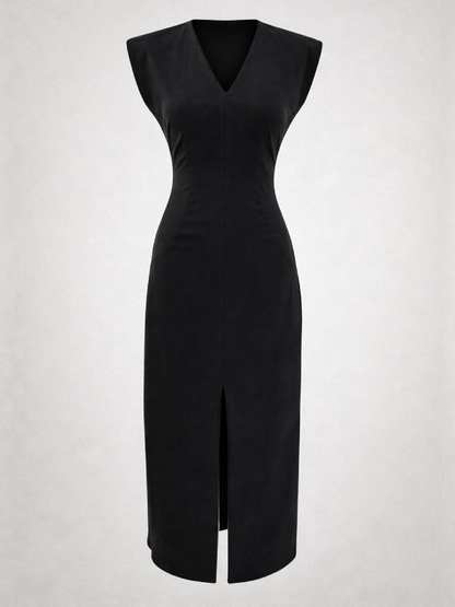 Rochie neagră midi cambrată cu decolteu în V și crăpătură în față și în spate Harera HR26R001