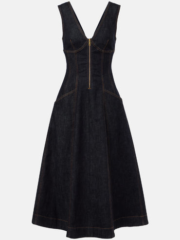 Rochie denim Harera, cu cusaturi in contrast, bleomarin H25R003