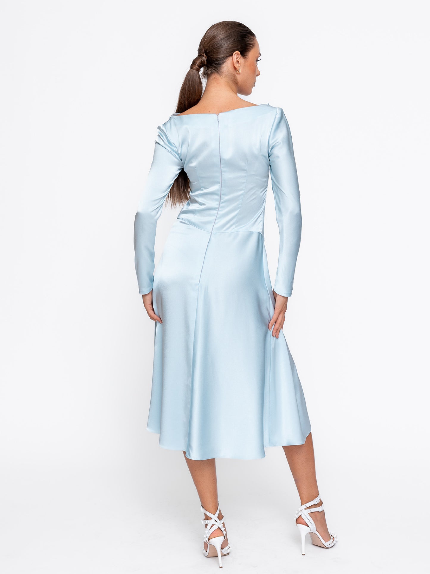 Rochie midi Harera elegantă cu crăpătură pe picior, albastru ciel