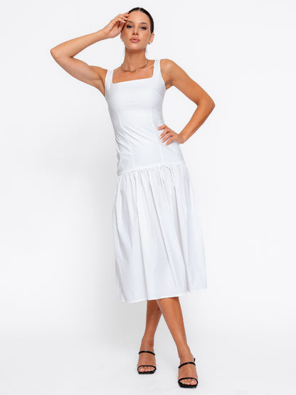 Rochie cambrata Harera, cu talie joasa, decolteu patrat, alba H25002