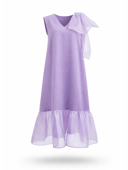 Rochie elegantă mov lila cu volan din organza și accesoriu detașabil, decolteu în V Harera H26R006