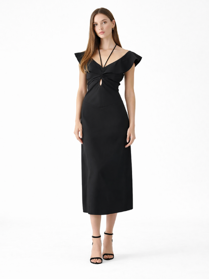 Rochie harera A line, midi cu decupaje și volane, neagră H26R003