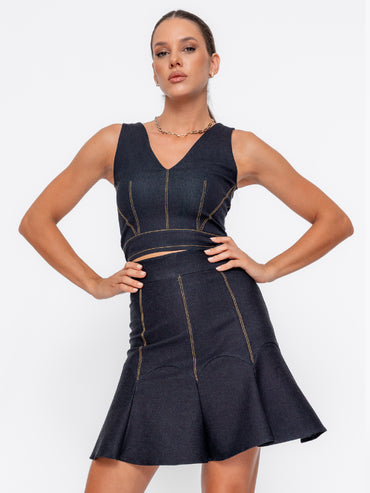 Set 2 piese Harera: Fustă evazată și crop top bustieră, denim bleomarin H25ST004