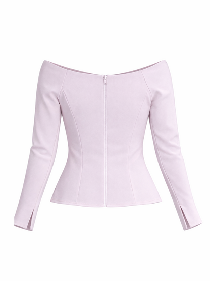 Top Harera cu umeri goi cu decupaj in V, roz pudrat H25B002