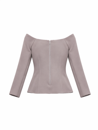 Top Harera cu umeri goi cu decupaj in V, maro deschis H25B002