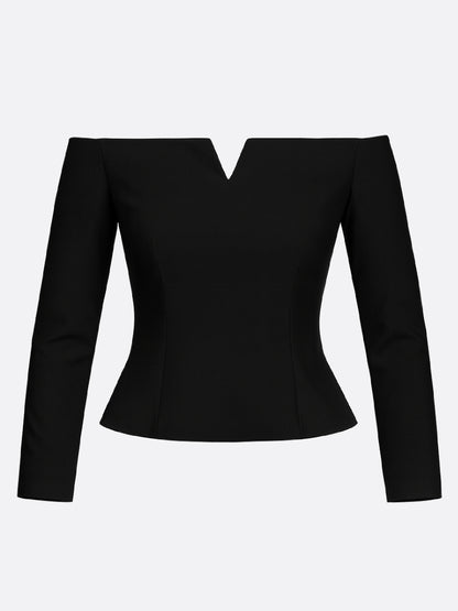 Top Harera cu umeri goi si decupaj in V, negru H25B002