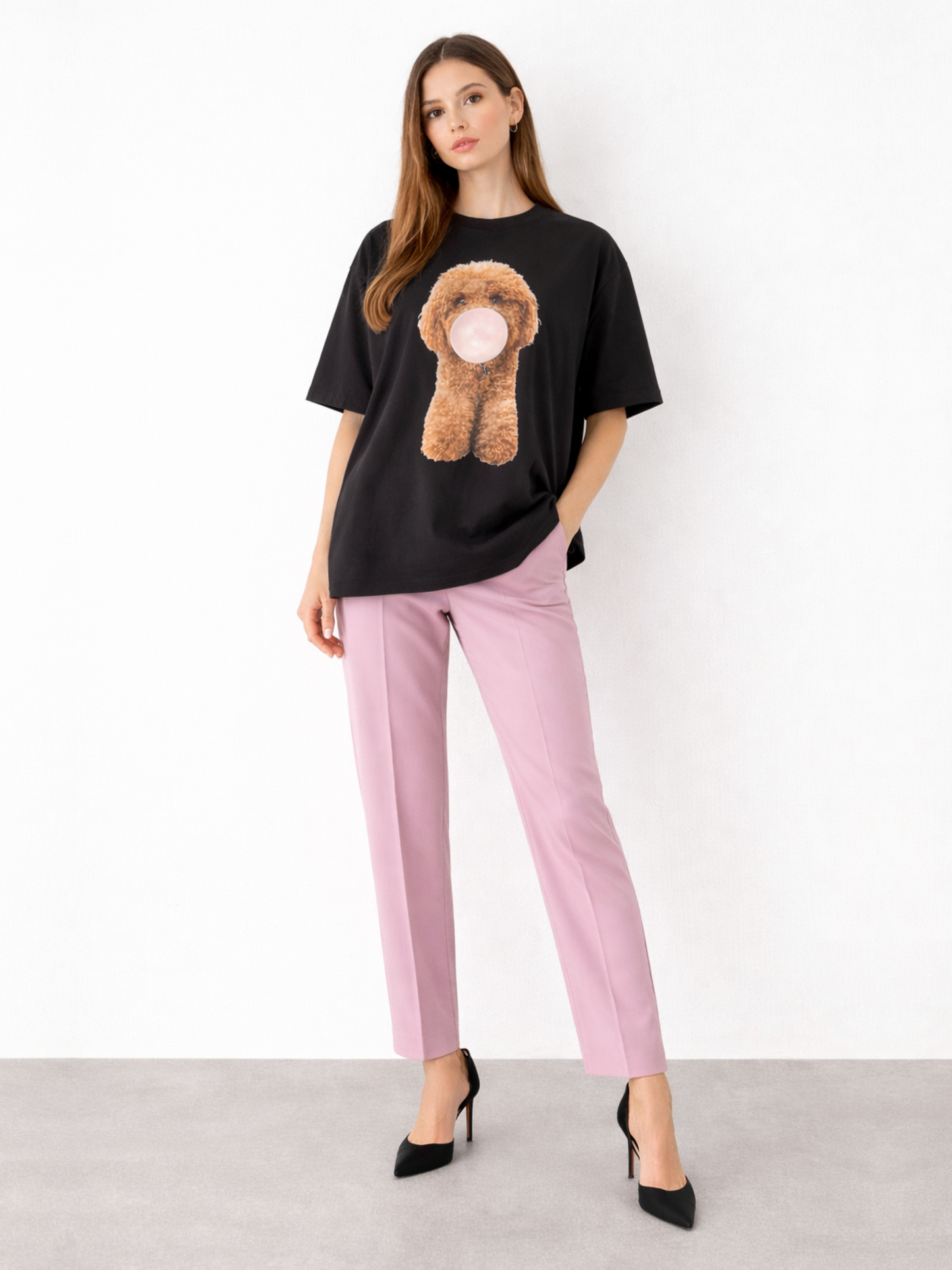 Tricou oversized din bumbac cu imprimeu poodle Cavapoo Harera H26T002