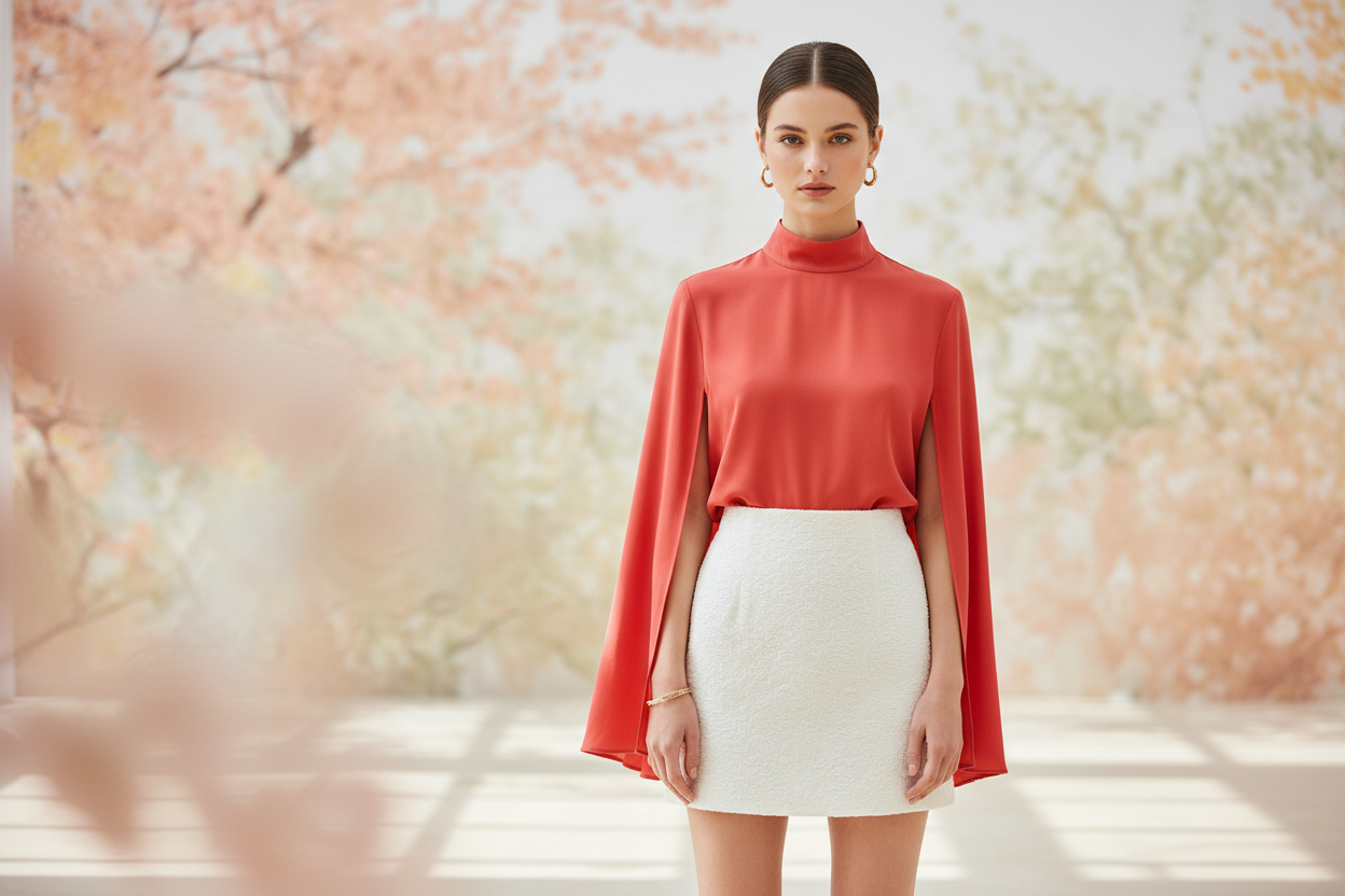 creaza o imagine in stilul de banner de homepage de primavara cu o tanara care poarta o camasa cu capa rosucorai si fusta mini alba. Sa nu fie text pe imagine sa fie minimalista 