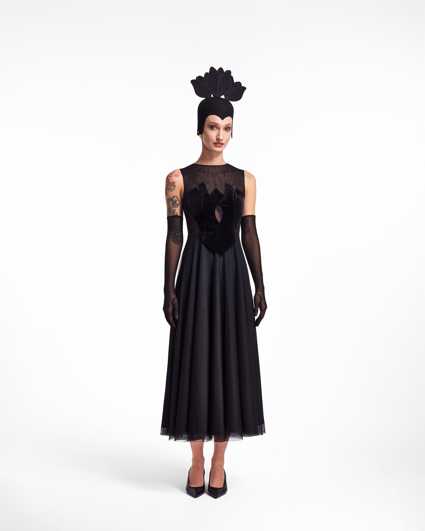 Rochie midi neagră cu transparențe Shadow Bloom Lavine HL26012