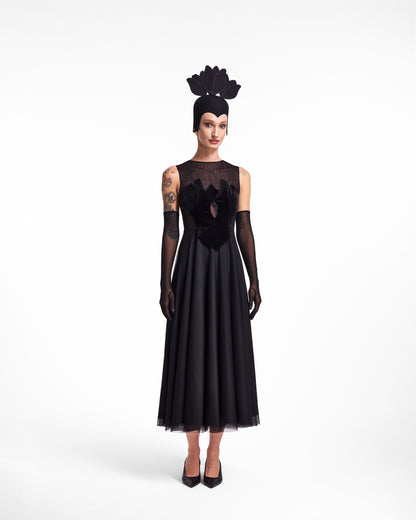 Rochie midi neagră cu transparențe Shadow Bloom Lavine HL26012