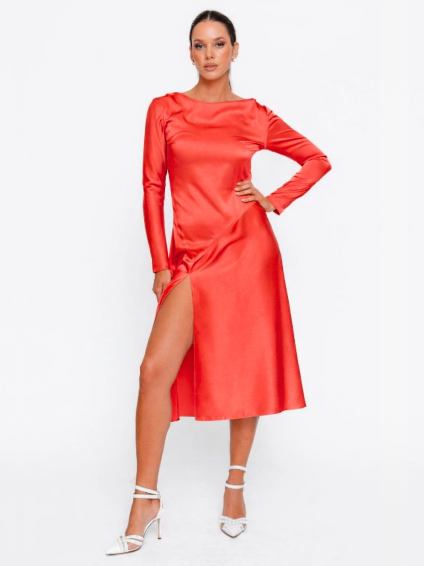Rochie vaporoasă midi roșu corai cu crăpătură pe picior Harera H25R004
